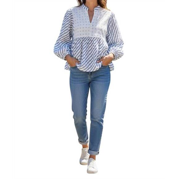 NEW OLIPHANT puff sleeve mandarin balloon top in blue stripe - Picture 4 of 4